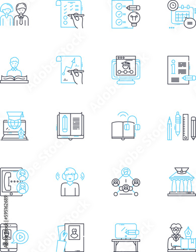 Virtual tutorials linear icons set. E-learning, Distance learning, Online classes, Virtual classes, Webinars, Videoconferencing, Remote lessons line vector and concept signs. Digital learning