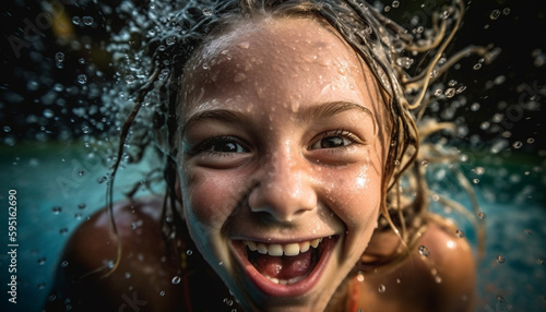 Smiling young women playfully splash in water generated by AI © Stockgiu