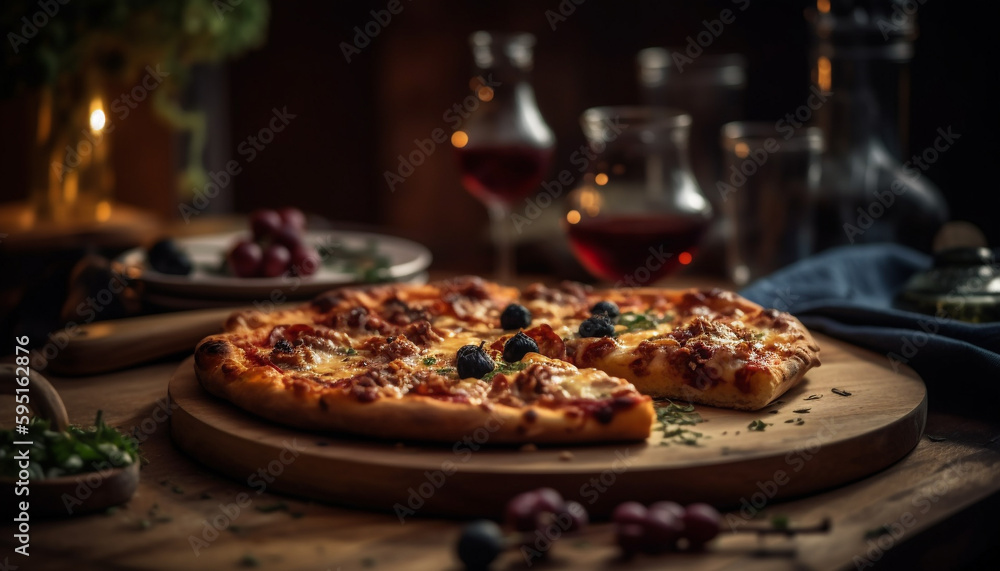 Freshly baked pizza on rustic wooden table generated by AI Freshly baked pizza on rustic wooden table generated by AI
