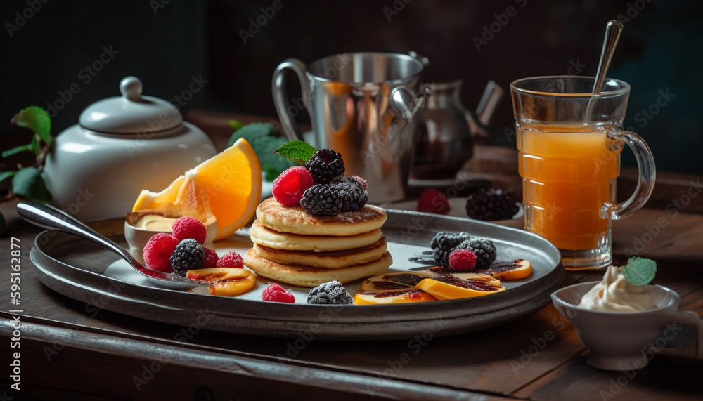 Fresh berry pancakes on rustic wood table generated by AI Fresh berry pancakes on rustic wood table generated by AI