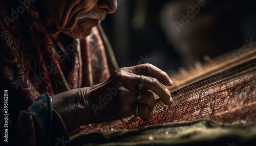 Senior men and women weaving homemade textiles generated by AI