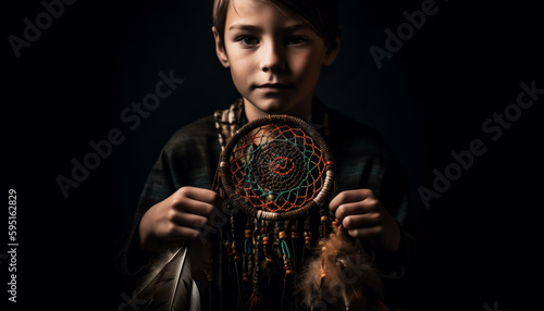 Portrait of indigenous child holding feather decoration generated by AI © Stockgiu