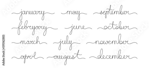 Months names line cursive calligraphy set. Calendar months of year continuous handwritten calligraphic outline script collection. Hand drawn lettering text for calendar and organizer, planner vector