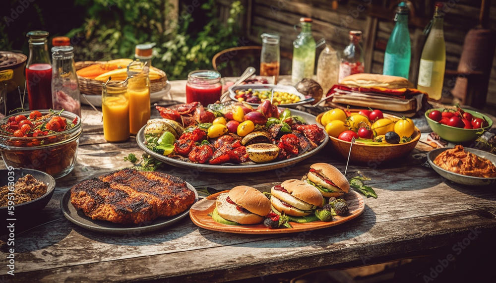Grilled meat, fresh veggies, rustic plate, outdoors generated by AI Grilled meat, fresh veggies, rustic plate, outdoors generated by AI