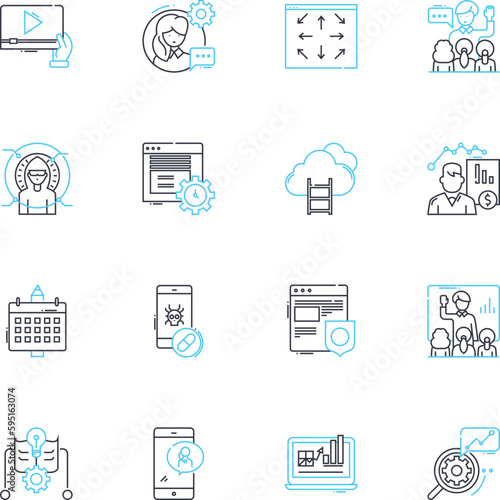 Content marketing linear icons set. Strategy, Branding, Engagement, Optimization, Creativity, Storytelling, Conversion line vector and concept signs. Analytics,Persona,Distribution outline