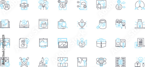 Creative writing linear icons set. Imagination, Inspiration, Expression, Prose, Verse, Editing, Metaphors line vector and concept signs. Fiction,Nonfiction,Poetry outline illustrations