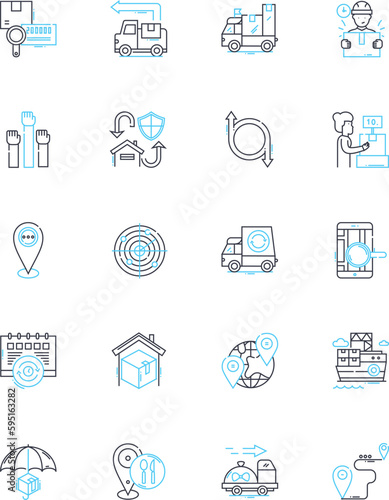 Dispatch and transport linear icons set. Delivery, Shipping, Logistics, Freight, Shipment, Transit, Haulage line vector and concept signs. Carriage,Transport,Dispatch outline illustrations