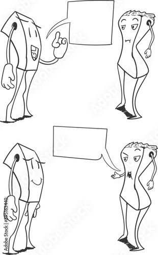 Two fictitious anthropomorphic characters are having a funny dialogue or arguing about something.