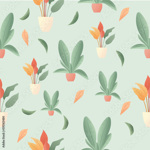 Colorful houseplant in pot seamless pattern. Vector endless background with cute plant in flowerpot. Hand drawn flower in pot backdrop.