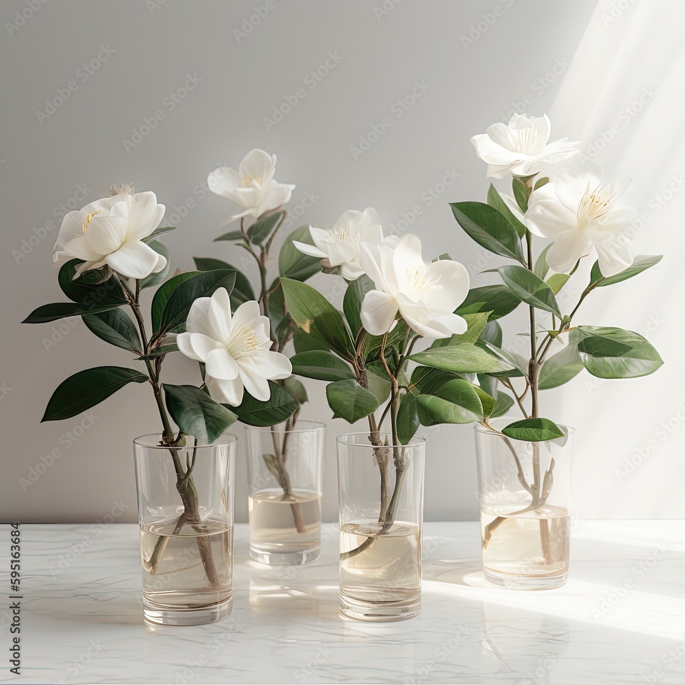Gorgeous flowers in glass vases, minimal, clean setting, illustration made with Generative AI Gorgeous flowers in glass vases, minimal, clean setting, illustration made with Generative AI