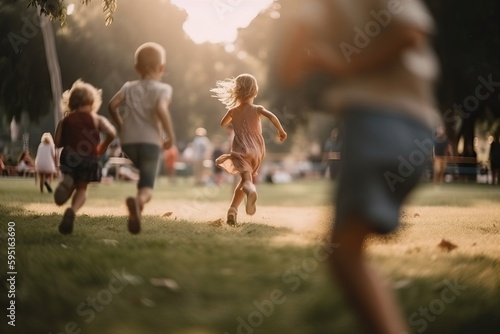 Active happy children running outdoors, generative ai