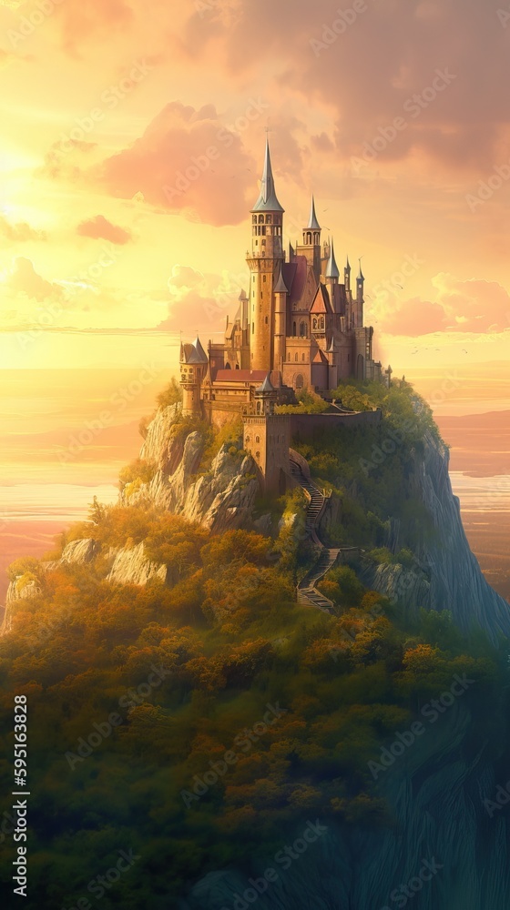 Romantic view of a Fairytale castle on top of a hill at sunset , generative AI