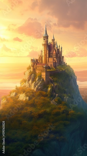 Romantic view of a Fairytale castle on top of a hill at sunset , generative AI