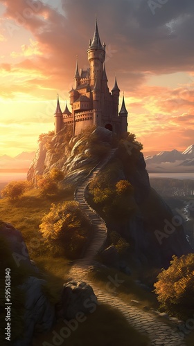 Romantic view of a Fairytale castle on top of a hill at sunset , generative AI
