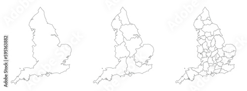 England map set of white-black outline and administrations regions map