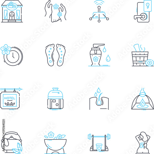 massage therapy linear icons set. Relaxation, Tension, Knots, Pressure, Stress, Sleeptime, Circulation line vector and concept signs. Wellness,Detoxification,Flexibility outline illustrations
