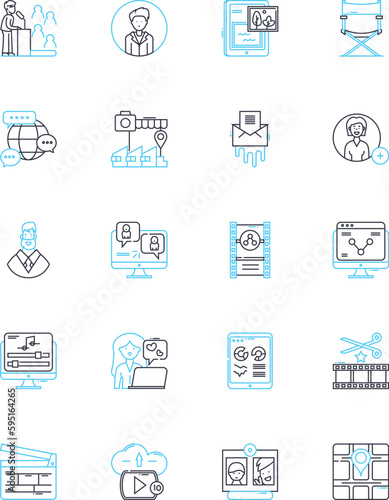 Television news linear icons set. Reporting, Anchors, Journalism, Investigative, Breaking, Coverage, Headlines line vector and concept signs. Alerts,Live,Stream outline illustrations