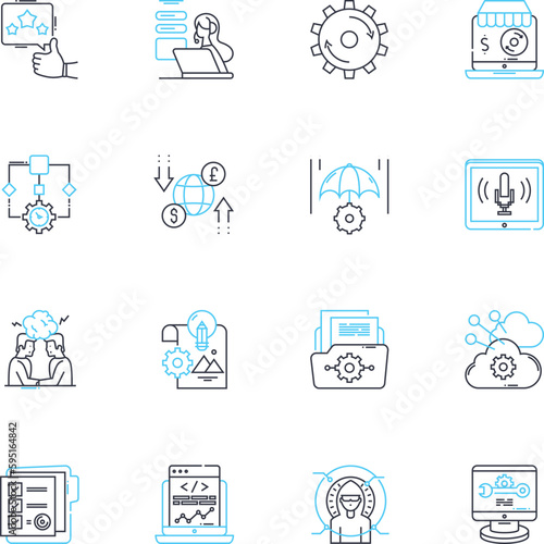 Firm structure linear icons set. Hierarchy, Organization, Chain, Departments, Coordination, Division, Power line vector and concept signs. Management,Regulations,Strategy outline illustrations