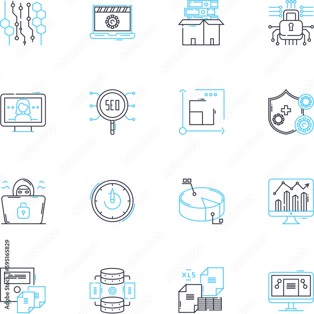 Data management linear icons set. Organization, Storage, Retrieval, Analysis, Governance, Security, Manipulation line vector and concept signs. Integration,Optimization,Backup outline illustrations