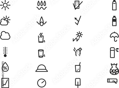 熱中症と熱中症対策に関するモノクロアイコン　セット　イラスト素材
