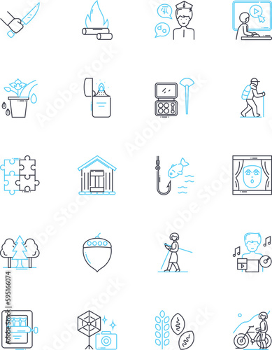 Forest hiking linear icons set. Wilderness, Trees, Nature, Adventure, Trails, Scenery, Serenity line vector and concept signs. Wildlife,Streams,Mountains outline illustrations
