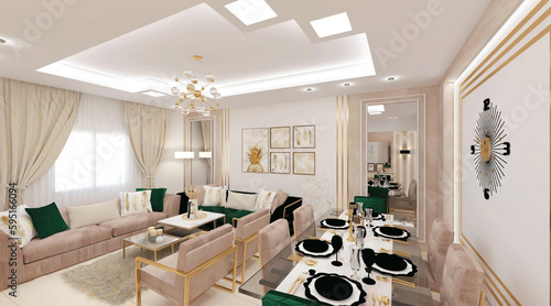 Bilde på lerret living room with eating table, luxury sofa and chairs curtain and frames on wall