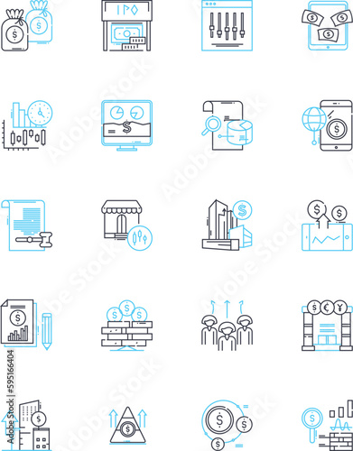 Economical approach linear icons set. Efficiency, Frugality, Budgeting, Streamlining, Optimization, Austerity, Integration line vector and concept signs. Sustainability,Resourcefulness,Prudence