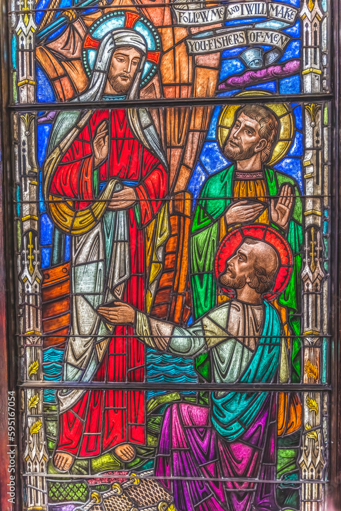 Jesus Christ inviting disciples stained glass, Trinity Parish Church, Saint Augustine, Florida. Founded 1700's. Stained glass from mid-1800's