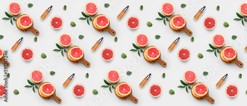 Fototapeta Naklejka Na Ścianę i Meble -  Many bottles of grapefruit essential oil on white background. Pattern for design