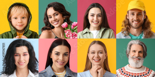Group of happy people on color background