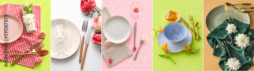 Collage of beautiful table settings with fresh flowers on color background © Pixel-Shot