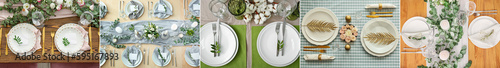 Collage of beautiful table settings with floral decor, top view