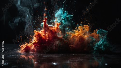 Colorful Explosions: A Photorealistic World of Liquid and Paint Splatters, Glitter and Confetti Explosions, with Rainbow Colors, Dust, Smoke, Debris, and Fog, Enhanced by AI-Generative Technology © Dennis Hoppe