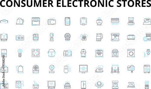 Consumer electronic stores linear icons set. Gadgets, Appliances, Smartphs, Tablets, Laptops, Cameras, Headphs vector symbols and line concept signs. Speakers,Gaming,Wearables illustration