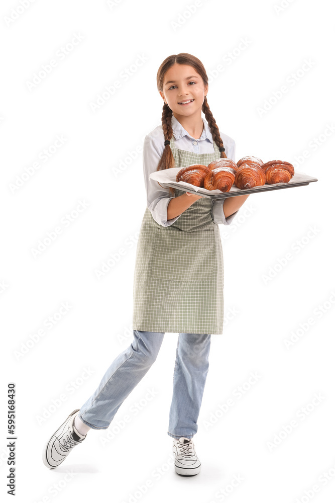 Little baker with tray of tasty croissants on white background Little baker with tray of tasty croissants on white background