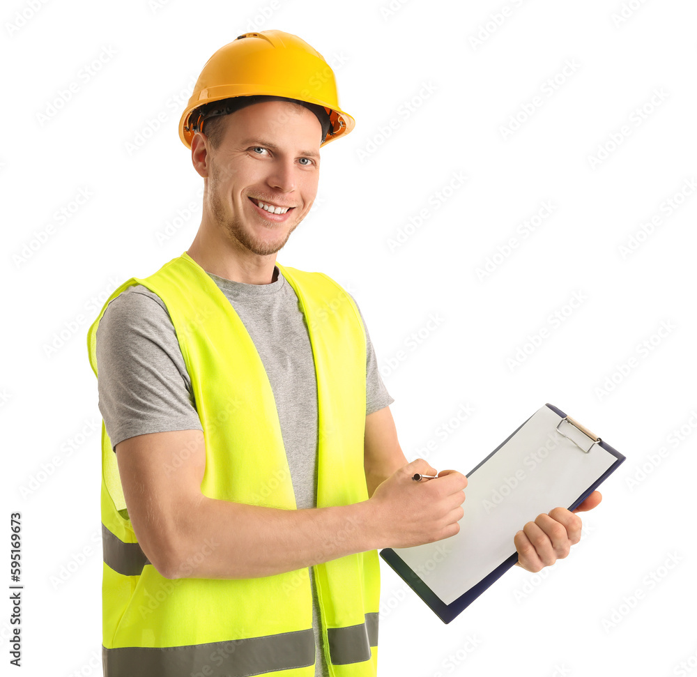 Male engineer with clipboard on white background Male engineer with clipboard on white background