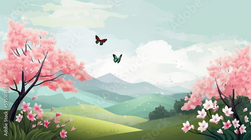 spring blossoms landscape with butterfly