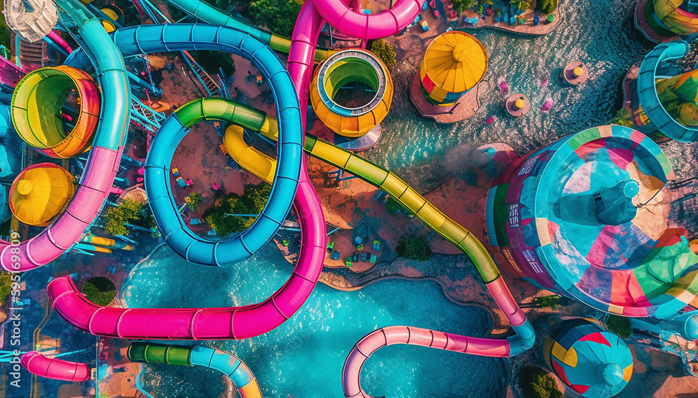 Fototapeta premium Vibrant s slide down inflatable pool tube generated by AI