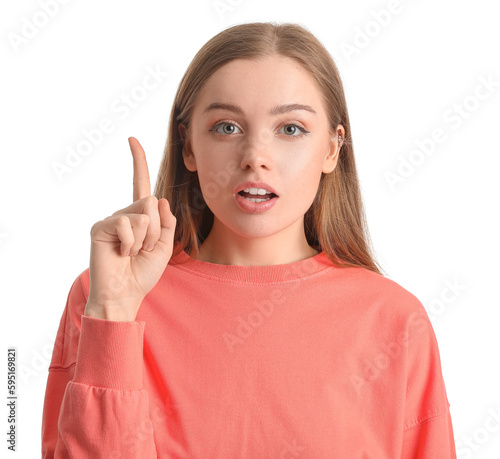 Young woman in red sweatshi...