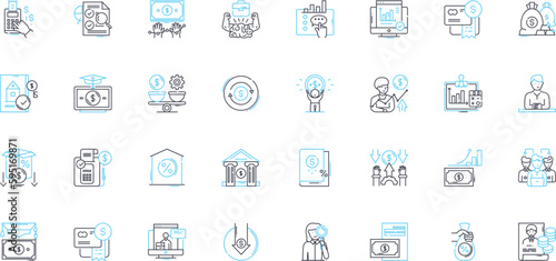 Financial plan linear icons set. Budgeting, Investing, Savings, Retirement, Wealth, Risk, Strategy line vector and concept signs. Debt,Income,Cashflow outline illustrations