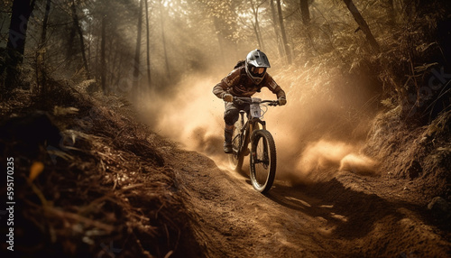 Mountain biker speeds through forest on dirt road generated by AI © Stockgiu