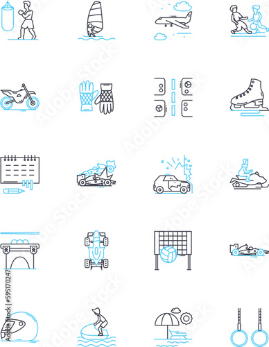 Radical outings linear icons set. Adventure, Rebellious, Explore, Maverick, Thrilling, Risk, Outrageous line vector and concept signs. Unconventional,Fearless,Wild outline illustrations