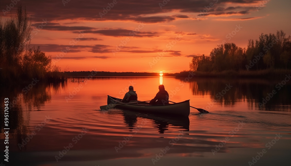 Two men canoeing at sunset, back lit adventure generated by AI