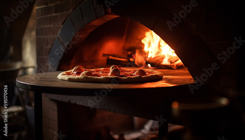 Gourmet pizza baked in wood burning oven generated by AI