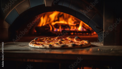 Freshly baked pizza from rustic brick oven generated by AI