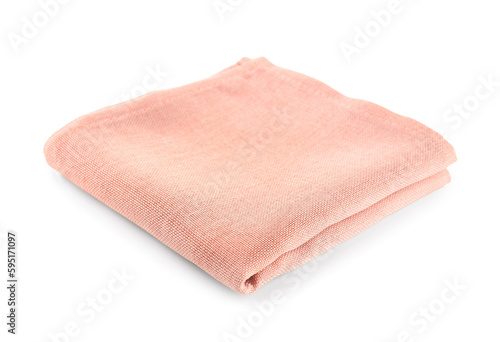 Folded pink napkin on white background