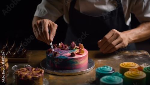 Handmade chocolate cake, decorated with gourmet candy generated by AI