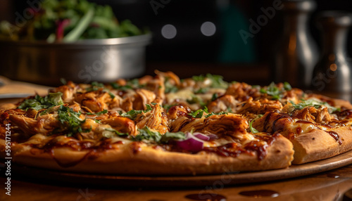 Freshly baked pizza on rustic wooden table generated by AI