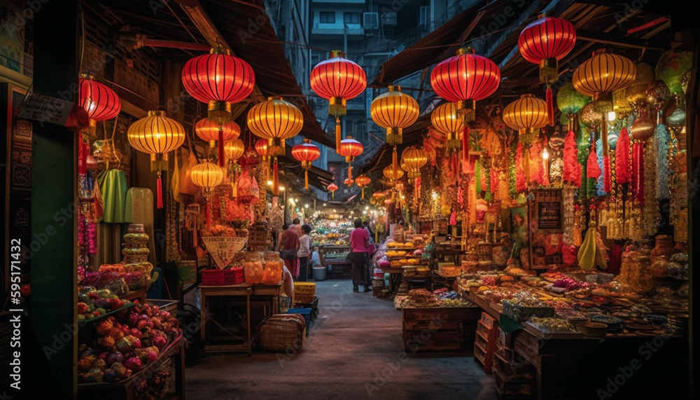 Fototapeta premium lanterns illuminate Chinatown traditional festival celebration generated by AI