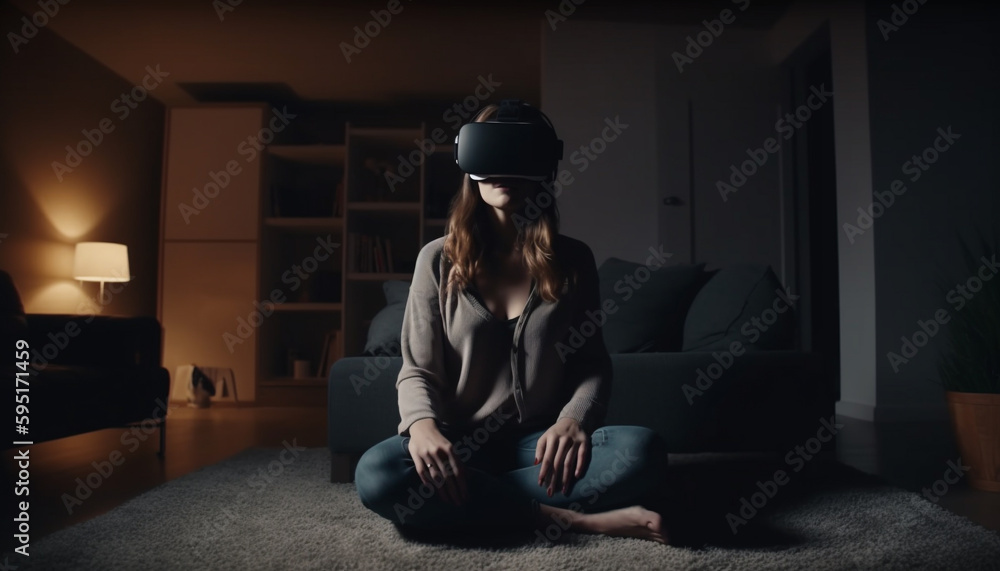 Young woman enjoying virtual reality game alone generated by AI